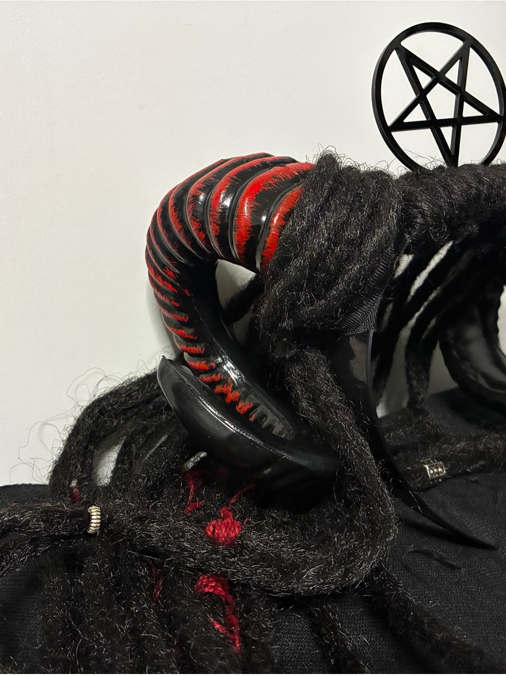Black & Red Gothic Ram Horn Headband with Dreadlock Accents